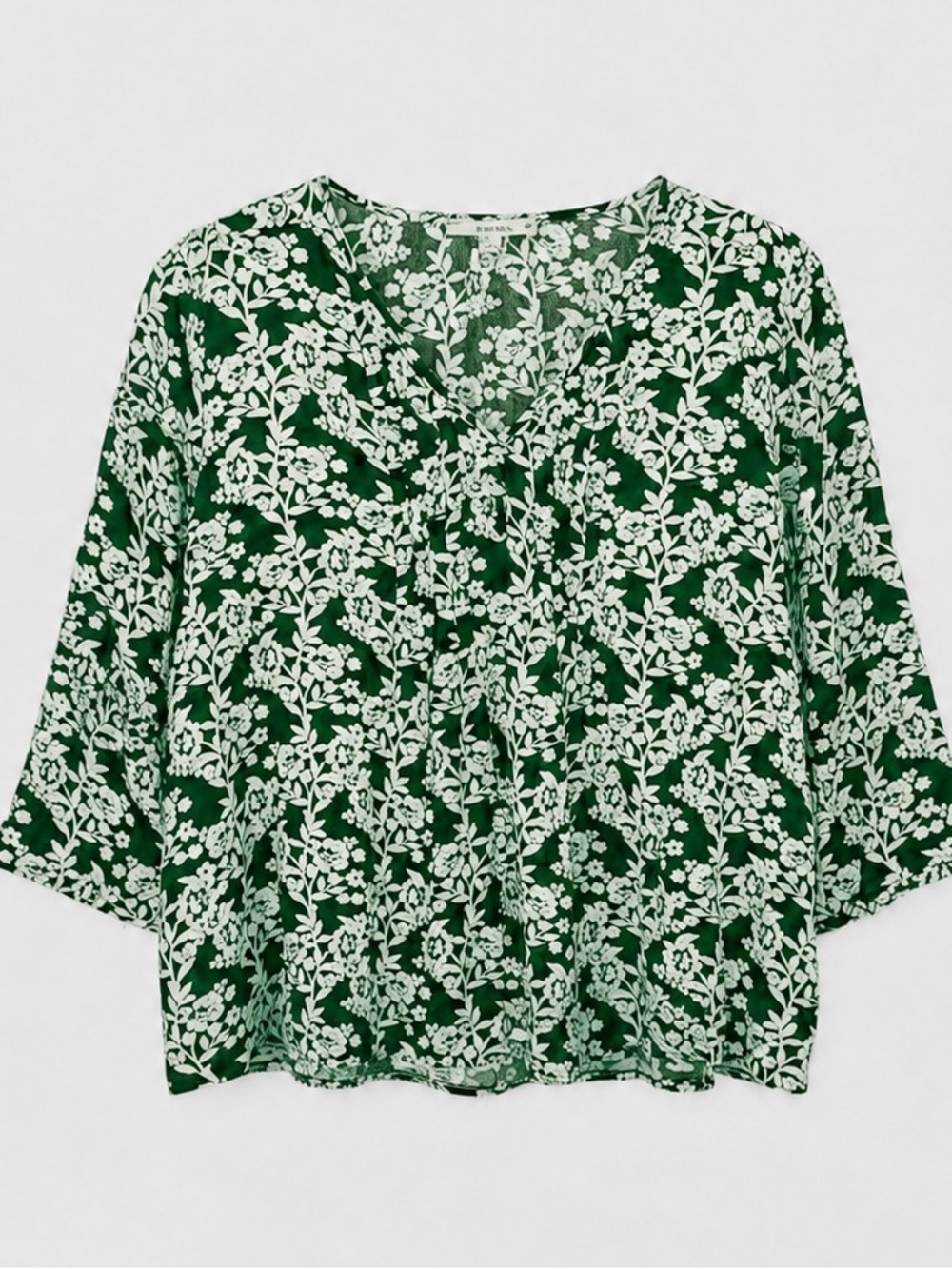 Women’s Green Floral V-Neck Blouse with three quarter sleeves, plus 2X